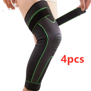 Long straps knee pads in green and black colors showing non-slip sports protection design