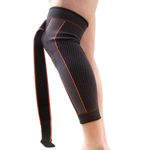 Long straps knee pads in green and black colors showing non-slip sports protection design