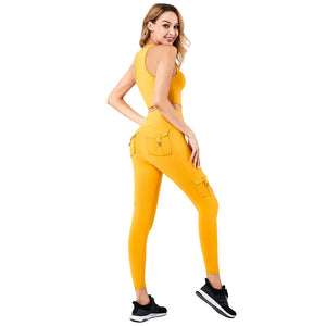 Women's padded yoga bra with zipper and high waist leggings with cargo pockets in multiple colors