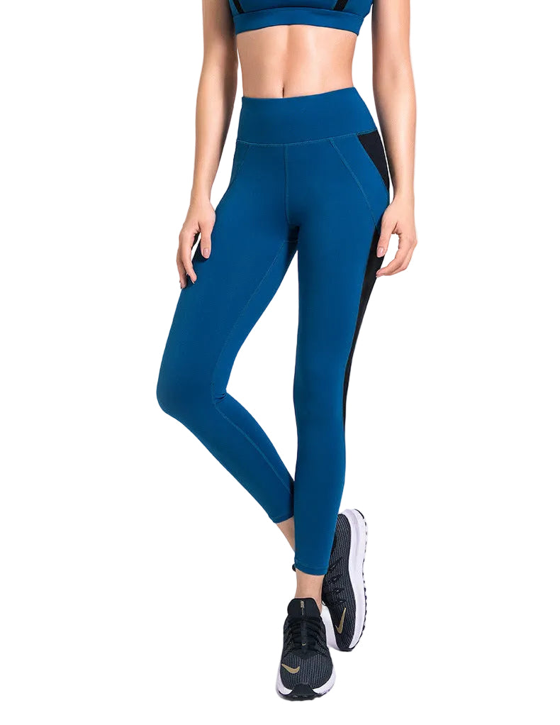 High waist stretch sports leggings in blue, grey, and apricot colors