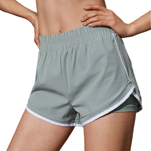 Women's quick-dry two-piece sports shorts in purple, black, white, and grey colors