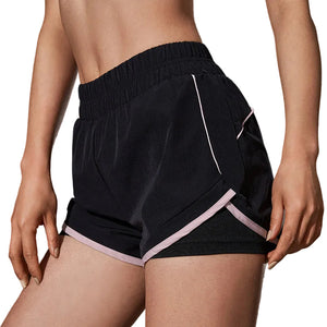 Women's quick-dry two-piece sports shorts in purple, black, white, and grey colors