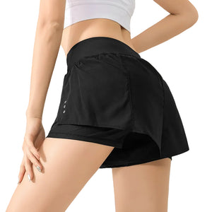 Women's breathable fitness running shorts in black, pink, green, and grey colors