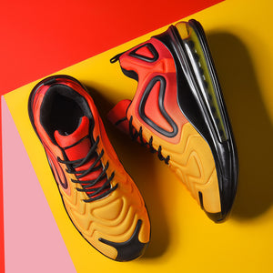 Men's black and yellow air cushion athletic running sneakers with synthetic leather upper and rubber sole