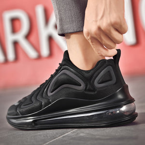 Men's black and yellow air cushion athletic running sneakers with synthetic leather upper and rubber sole