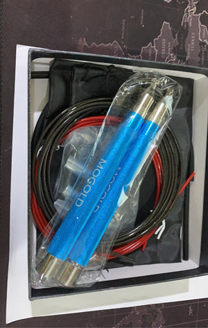 Sports skipping rope with aluminum handles and PVC wire rope in red, blue, and black