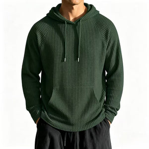 Men's relaxed-fit waffle knit hooded jacket in navy blue with raglan sleeves