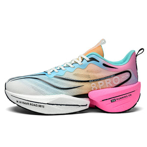 Carbon-plate shock-absorbing running shoes in multiple colors with breathable mesh and rubber outsole