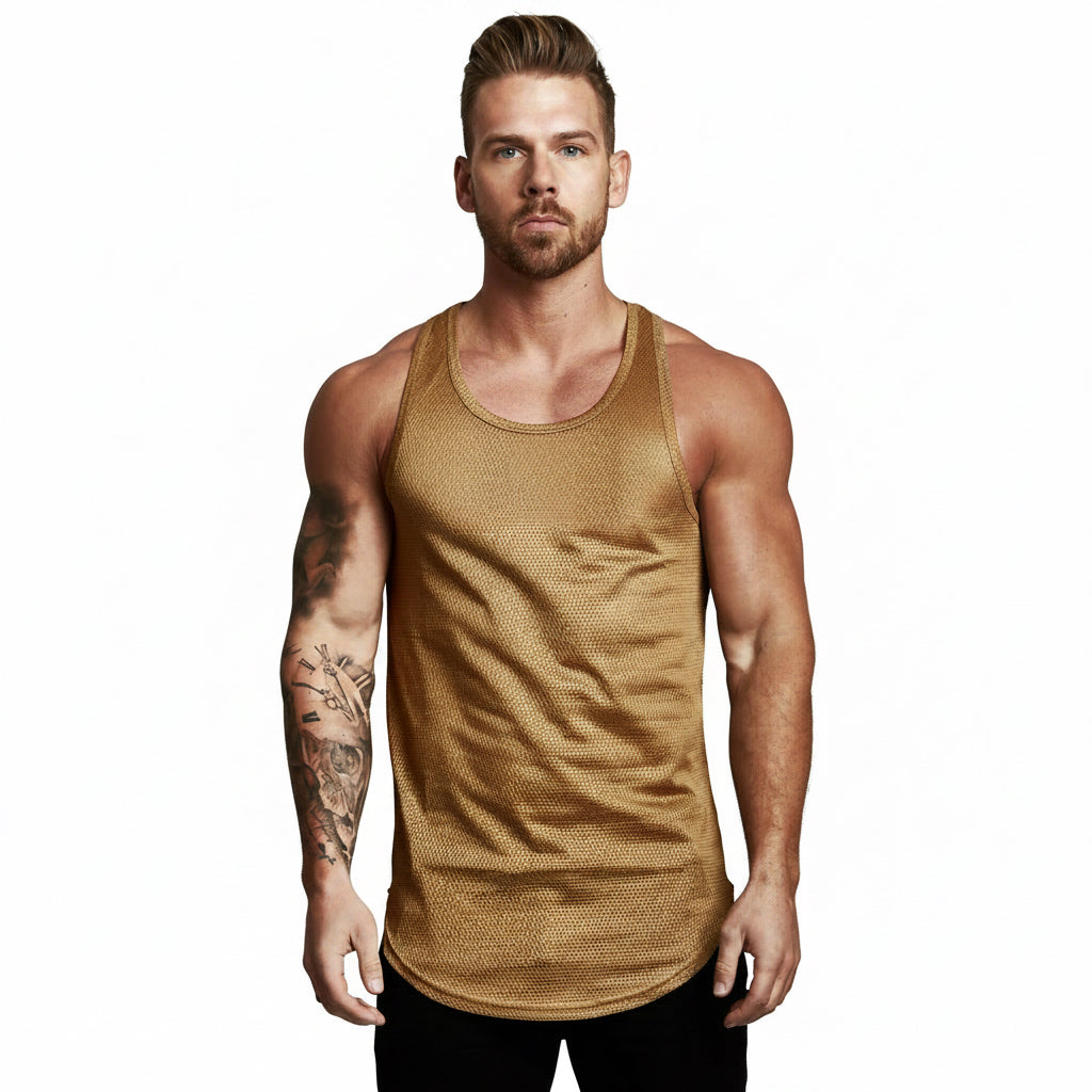 Men's polyester sports tank top in gold, white, and black colors
