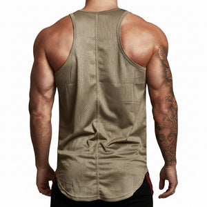 Men's polyester sports tank top in gold, white, and black colors
