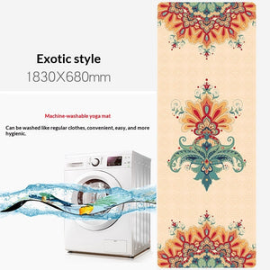 Portable foldable yoga mat with botanical and floral designs in soft suede