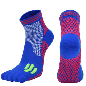 Moisture-wicking running socks in various colors and tube heights for men and women