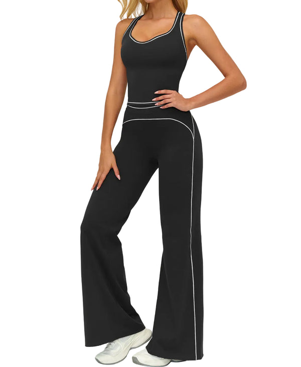 Womens yoga set with V-neck sleeveless top and slim straight pants in Badge Blue