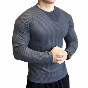Men's slim fit waffle knit sweatshirt in black with textured pleated detailing