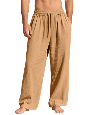 Men's linen casual sports pants with pockets and drawstring in various solid colors