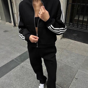 Women's contrast color sweatshirt cardigan and pants set in various colors