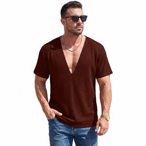 Mens waffle weave deep V short sleeve t-shirt in navy blue