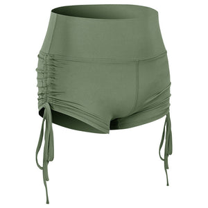 Women's side drawstring sports shorts in various colors including black, blue, green, red, grey, and purple