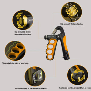Adjustable hand grip strengthener with automatic counting in multiple colors
