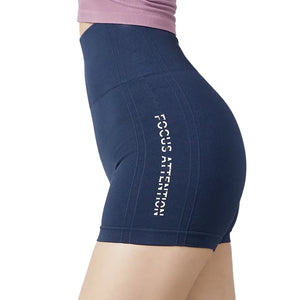 Women's tight fitting fitness yoga shorts in army green, sand pink, twilight blue, and mysterious black