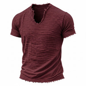 Retro cotton-linen v-neck t-shirt with feathered hem in various colors