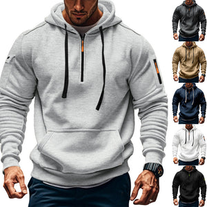 Men's long-sleeve hooded sweatshirt with patch pockets in various colors