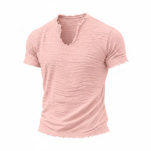 Retro cotton-linen v-neck t-shirt with feathered hem in various colors
