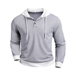 Gray textured waffle-knit long-sleeve hoodie with contrast color and buttons