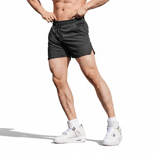 Men's sports fitness casual shorts in black, gray, navy blue, and red polyester fabric
