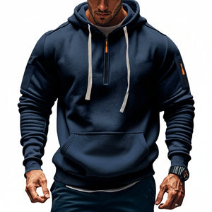 Men's long-sleeve hooded sweatshirt with patch pockets in various colors