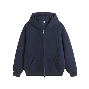 Men's hooded cardigan sweatshirt in multiple colors with patch pockets and relaxed fit