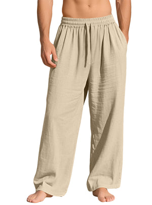 Men's linen casual sports pants with pockets and drawstring in various solid colors