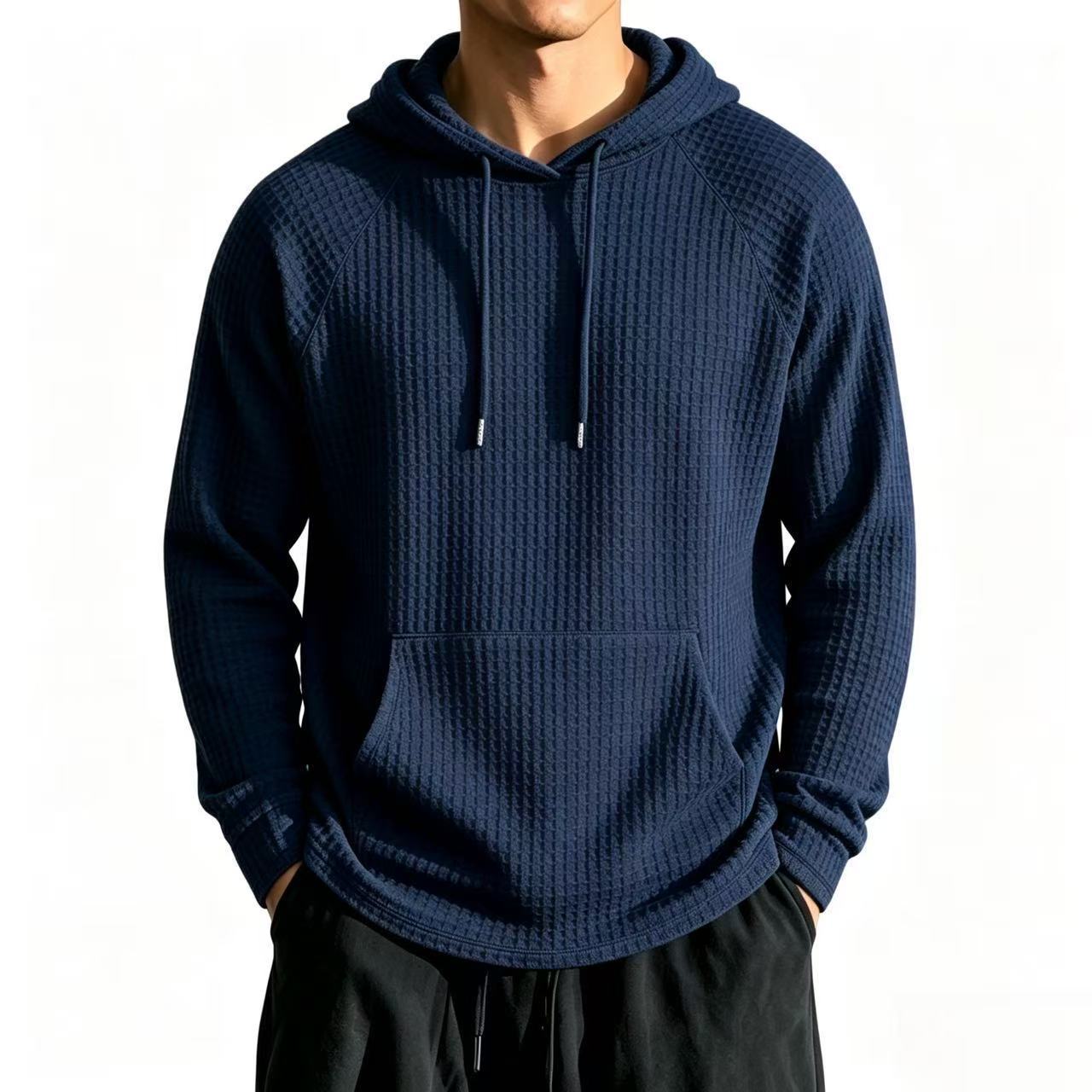 Men's relaxed-fit waffle knit hooded jacket in navy blue with raglan sleeves