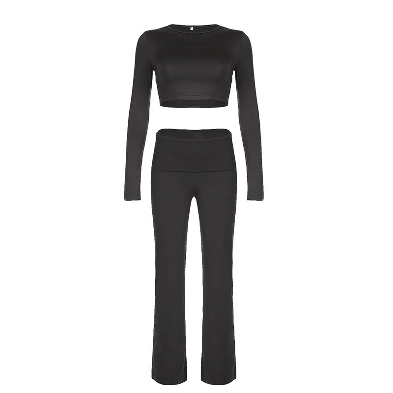 Women's solid color fitness yoga two-piece set with round neck top and bootcut trousers in dark gray, black, and light gray