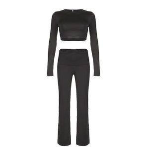 Women's solid color fitness yoga two-piece set with round neck top and bootcut trousers in dark gray, black, and light gray