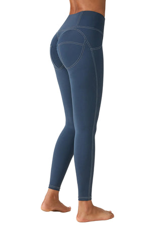 Pleated high waist sports leggings with vibrant all-over print in grey, blue, and green colors