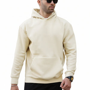 Men's casual long-sleeve hoodie in various colors including white, black, khaki, army green, and navy blue