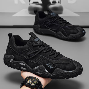 Men's breathable mesh dad sneakers with thick rubber sole in gray, khaki, and black