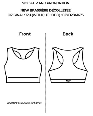 Black halter neck sports bra for women shown from front and back