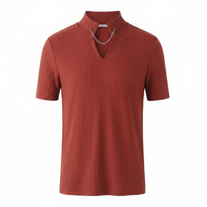 Men's brick red V-neck knitted short-sleeve ribbed t-shirt