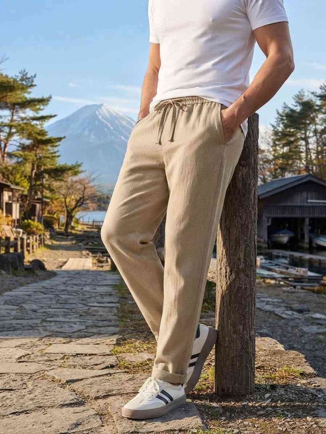 Men's stretch anti-wrinkle casual pants in black shown from multiple angles