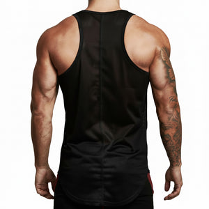 Men's polyester sports tank top in gold, white, and black colors