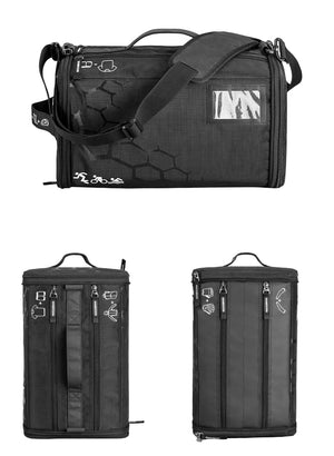 Triathlon training storage bag with multiple compartments and shoe storage