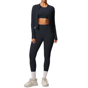 Breathable form-fitting women's workout three-piece activewear set in various colors