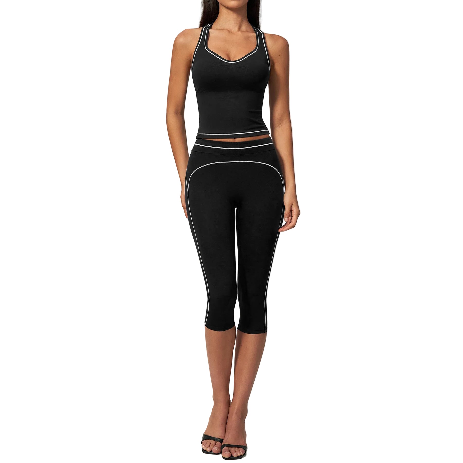 Women's halter-neck V-neck top and tummy-control pants activewear set in multiple colors