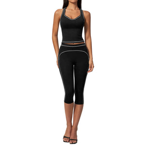 Women's halter-neck V-neck top and tummy-control pants activewear set in multiple colors
