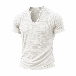 Retro cotton-linen v-neck t-shirt with feathered hem in various colors