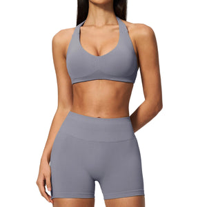 Halter-neck high-waisted tummy-control shorts set for women in multiple colors