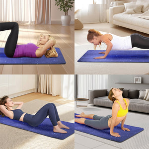 Blue multi-color non-slip TPE yoga mat measuring 72 by 24 inches