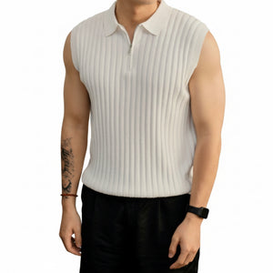 Men's sleeveless knit T-shirt with zipper accents in various colors